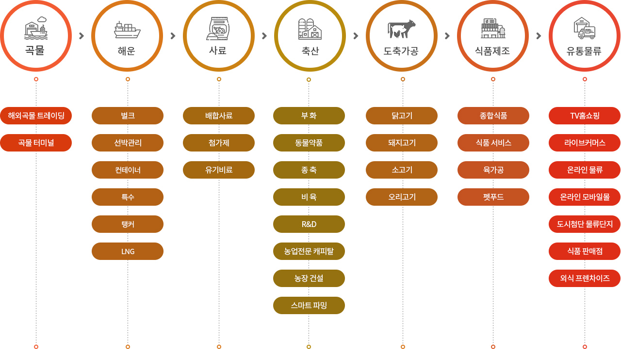 곡물(해외곡물 트레이딩, 곡물 터미널) → 해운(벌크, 선박관리, 컨테이너, 특수, 탱커, LNG) → 사료(배합사료, 첨가제, 유기비료) → 축산(부화, 동물약품, 종축, 비육, R&D, 농업전문 캐피탈, 농장 건설, 스마트 파밍) → 도축가공(닭고기, 돼지고기, 소고기, 오리고기) → 식품제조(종합식품, 식품 서비스, 육가공, 펫푸드) → 유통물류(TV홈쇼핑, 라이브커머스, 온라인 물류, 온라인 모바일몰, 도시첨단 물류단지, 식품 판매점, 외식 프렌차이즈)